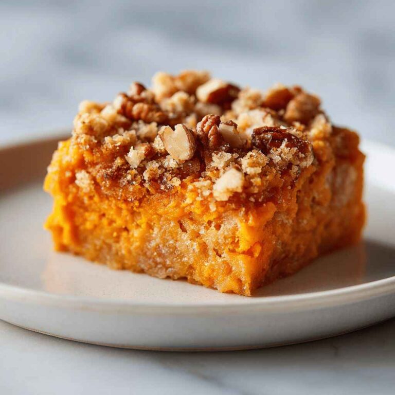 Close-up of a slice of sweet potato casserole with pecan crumble topping on a white plate over marble background.