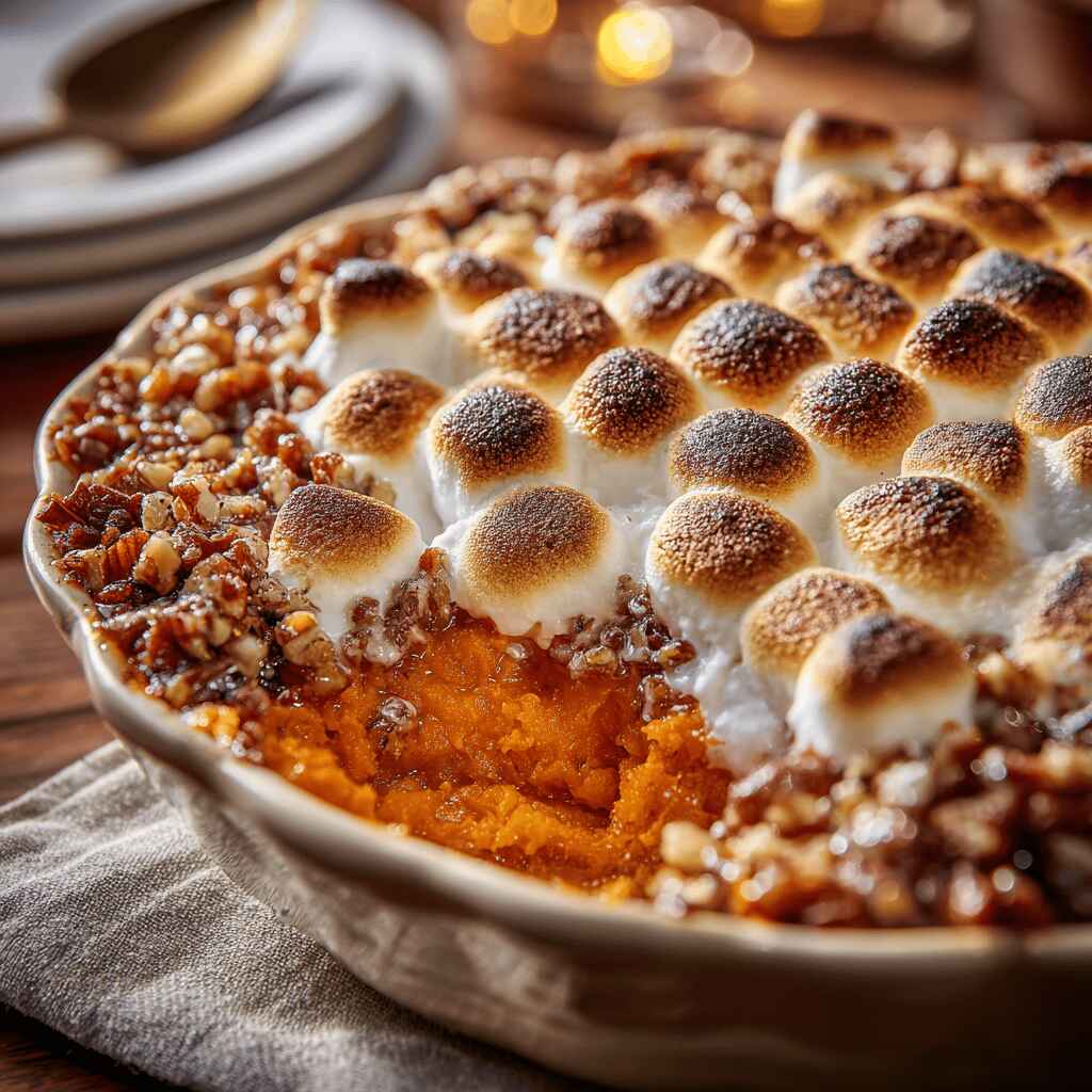 Freshly baked sweet potato casserole topped with golden toasted marshmallows and crunchy pecan crumble in a ceramic dish.