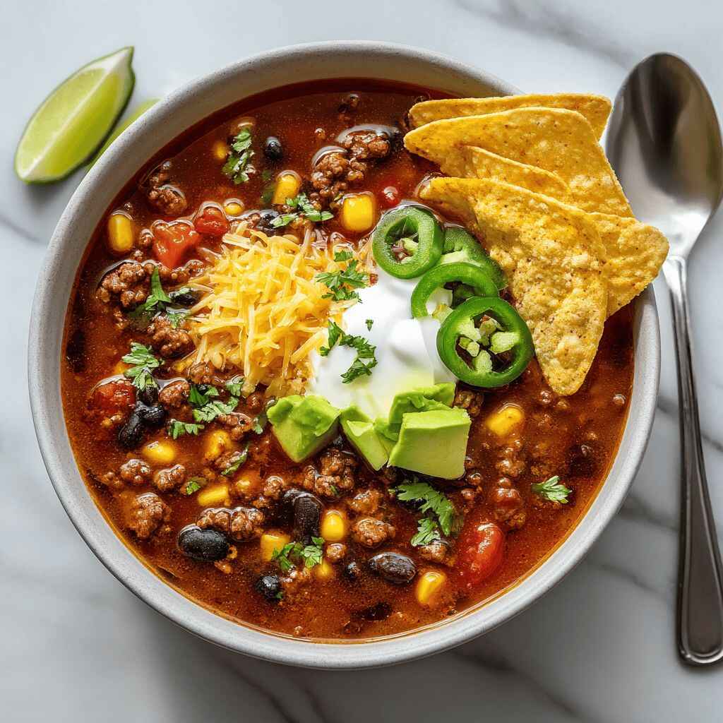 Alt text: Taco soup in a white bowl on a white marble table topped with melted cheese, sour cream, jalapeño, avocado, cilantro, and tortilla chips with a lime wedge on the side.