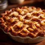 homemade apple pie with golden lattice crust and cinnamon sugar topping on wooden board