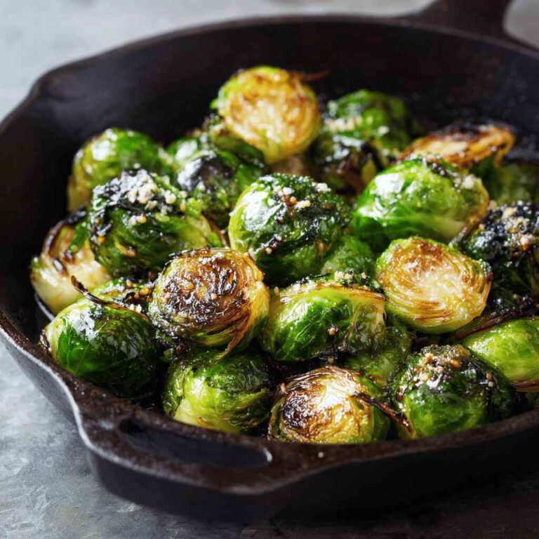 Pan-roasted Brussels sprouts with garlic and Parmesan cheese in a cast iron skillet