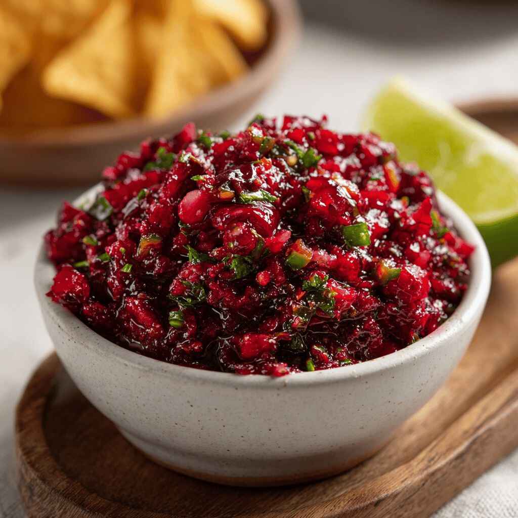 Close-up of cranberry jalapeño dip with fresh cranberries, diced jalapeños, cilantro, and red onion in a white bowl
