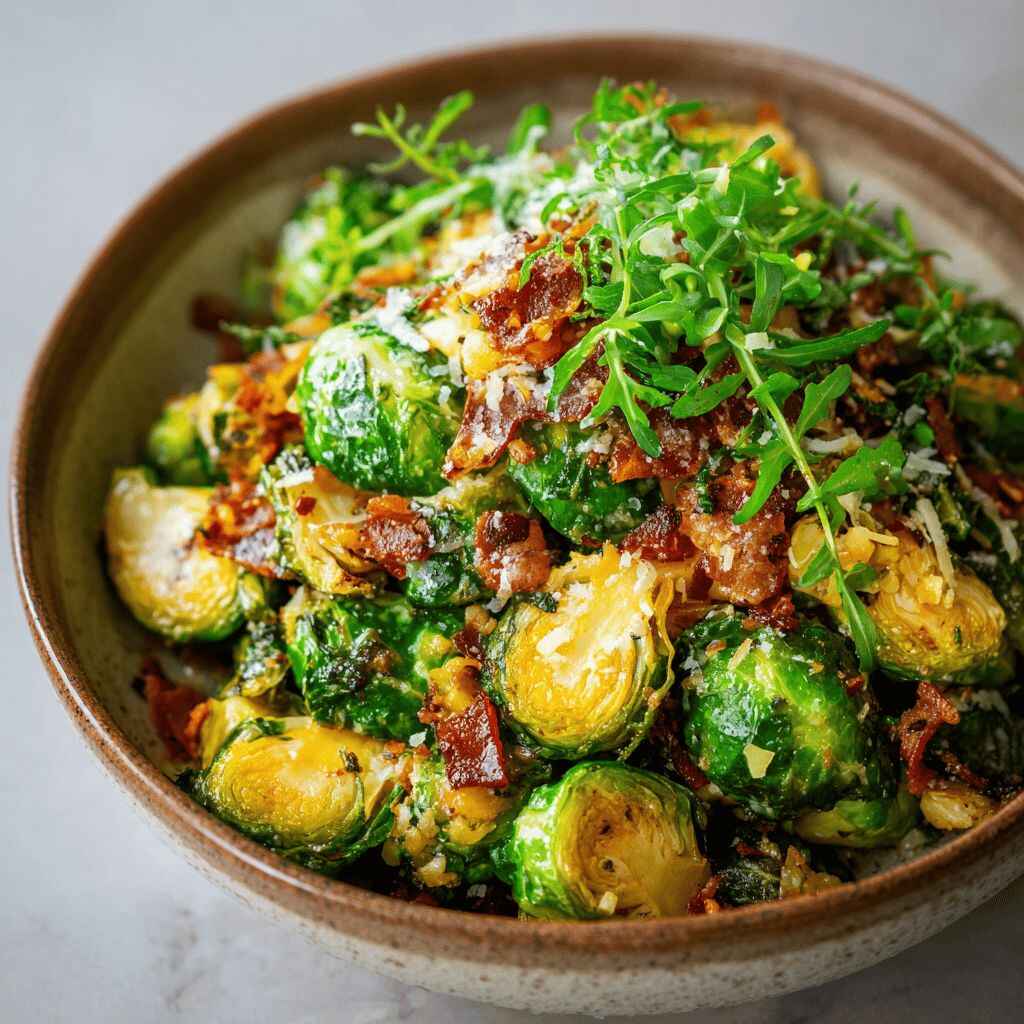 Roasted Brussels sprouts with crispy bacon, fresh arugula, and shaved Parmesan cheese in a rustic ceramic bowl