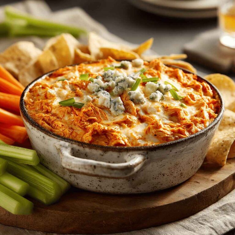 Buffalo chicken dip in white ceramic baking dish topped with blue cheese crumbles and green onions, served with celery sticks, carrot sticks, and pita chips