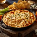 Golden-brown buffalo chicken dip in cast iron skillet with melted cheese, served with tortilla chips and celery sticks