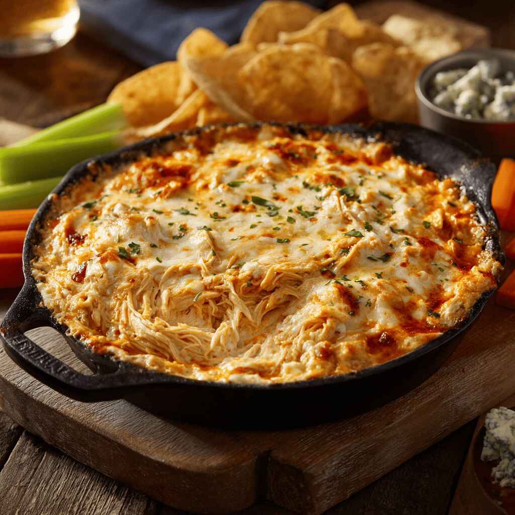 Golden-brown buffalo chicken dip in cast iron skillet with melted cheese, served with tortilla chips and celery sticks