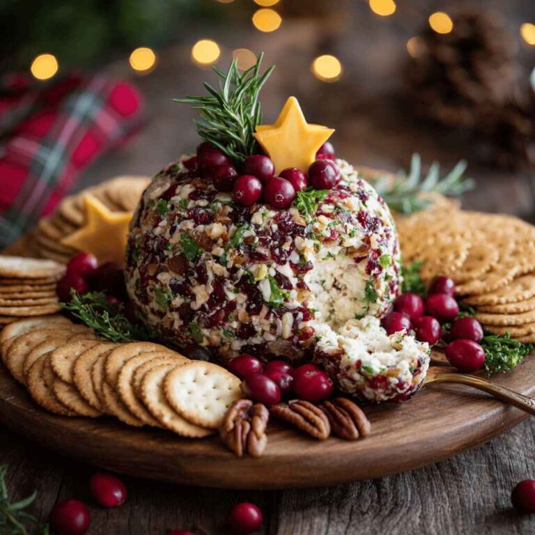 Christmas cheese ball coated with cranberries, pecans, and parsley on a wooden board with crackers, fresh cranberries, and rosemary garnish.