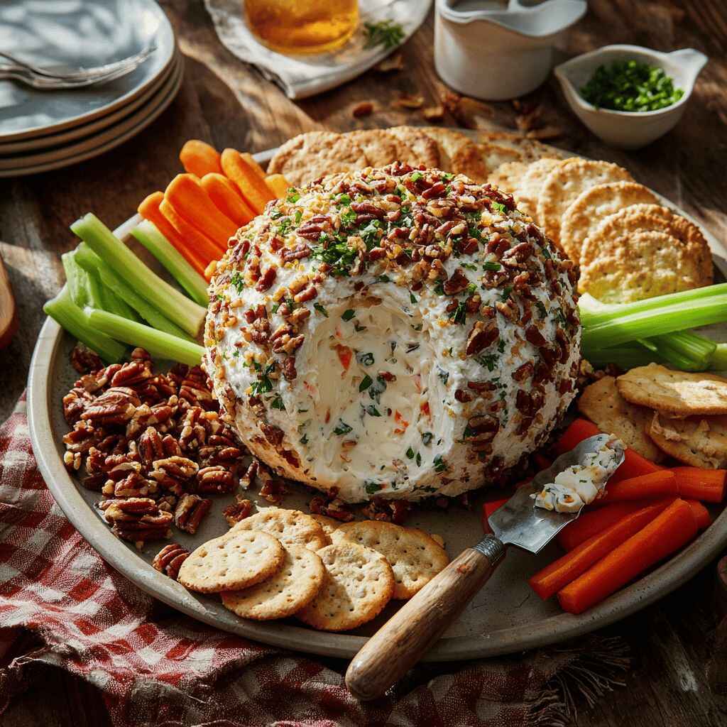 Classic cheese ball coated in chopped pecans and parsley on a platter with crackers, celery sticks, and carrot sticks; a spreader shows the creamy cheddar filling with herbs.