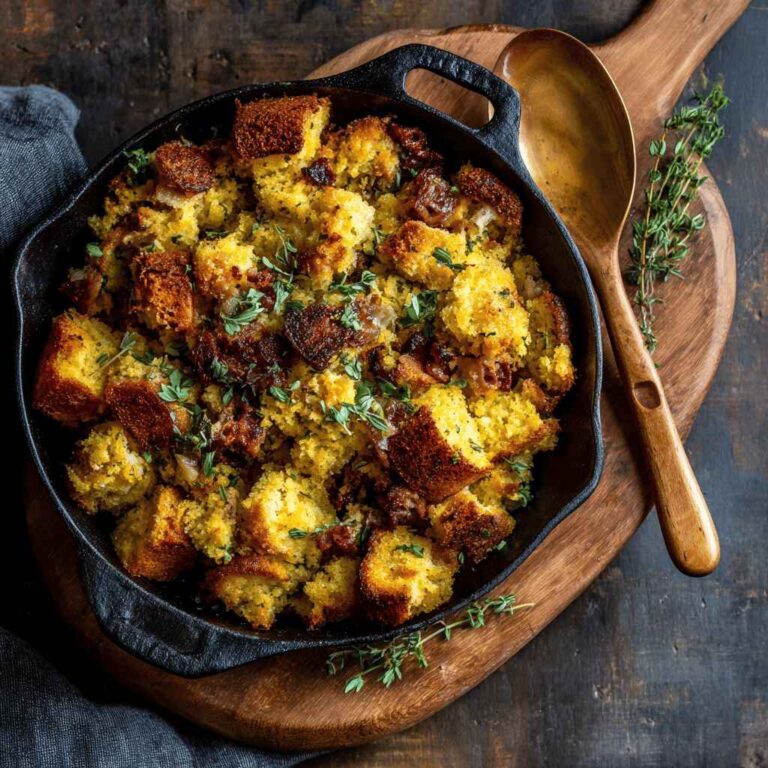 A rustic cast iron skillet filled with golden cornbread and bacon stuffing, garnished with fresh thyme, and set on a dark wooden board with a wooden spoon.