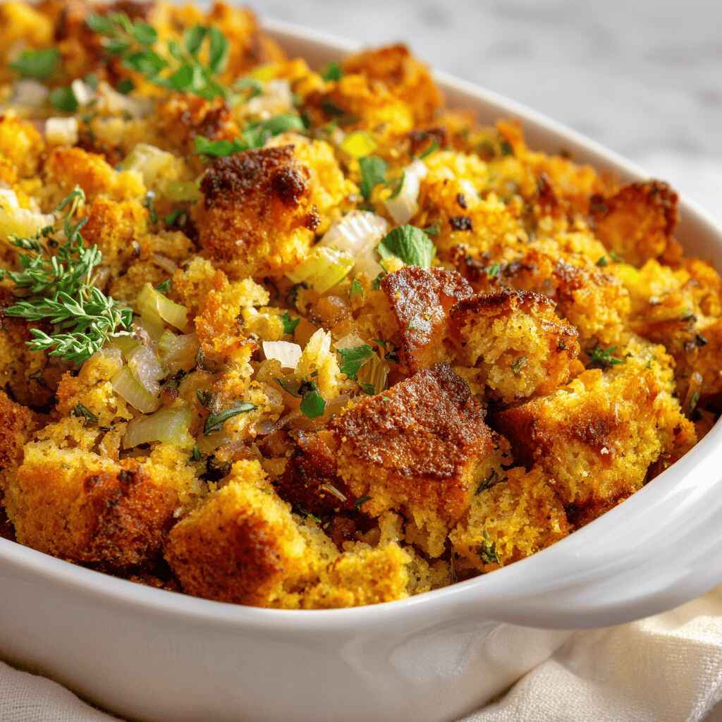A close-up of a white oval baking dish filled with golden-brown cornbread stuffing, garnished with fresh green herbs like parsley and thyme.