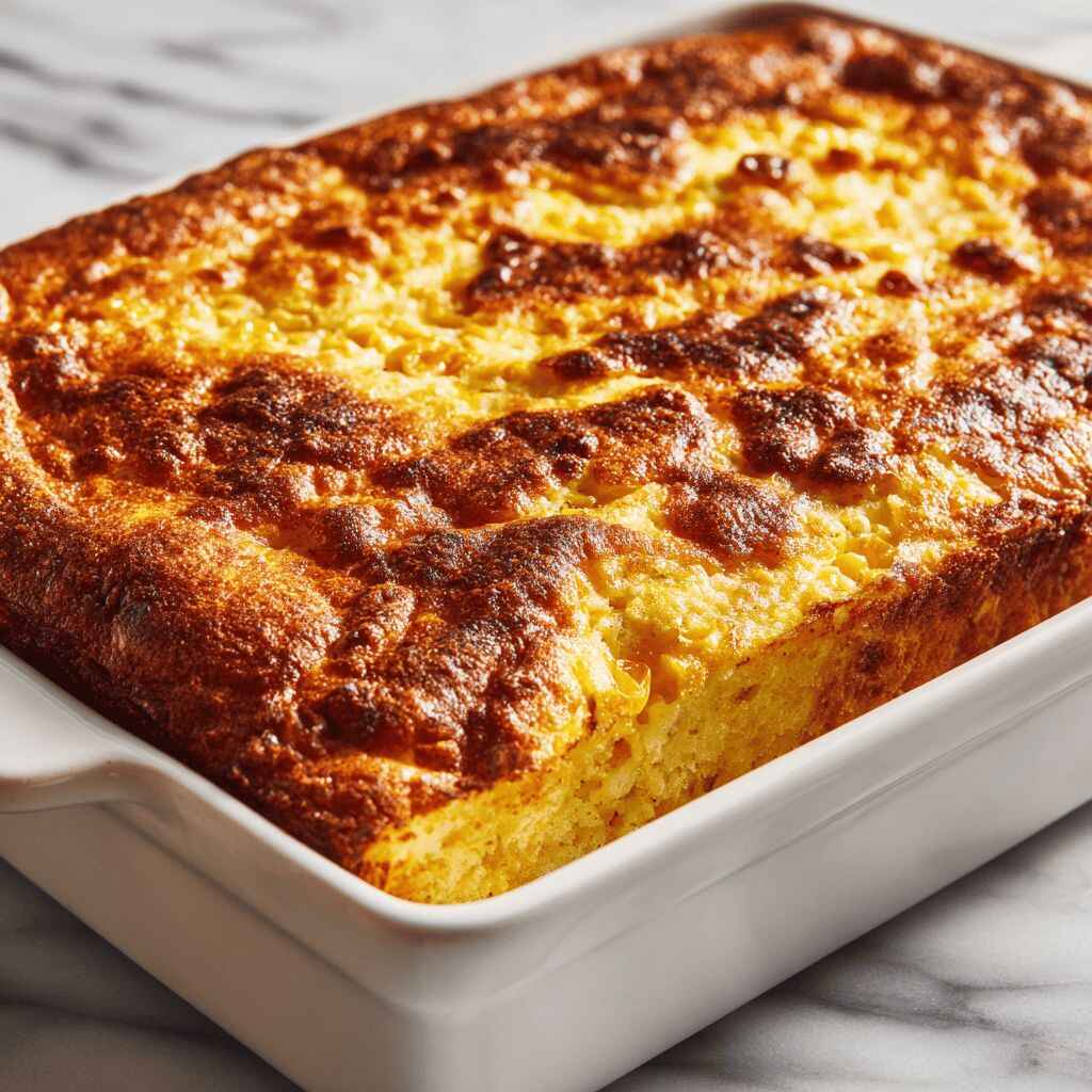 A freshly baked corn casserole with a golden-brown, crispy, and bubbly top, presented in a white rectangular ceramic baking dish on a white and grey marble surface.