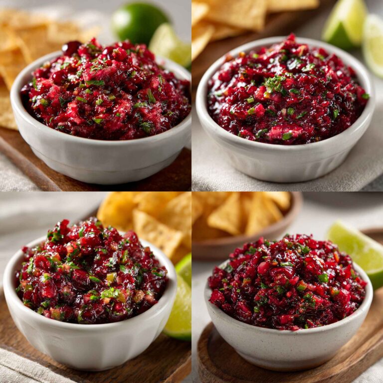 Close-up collage of cranberry jalapeño dip in white bowls with tortilla chips and lime wedges