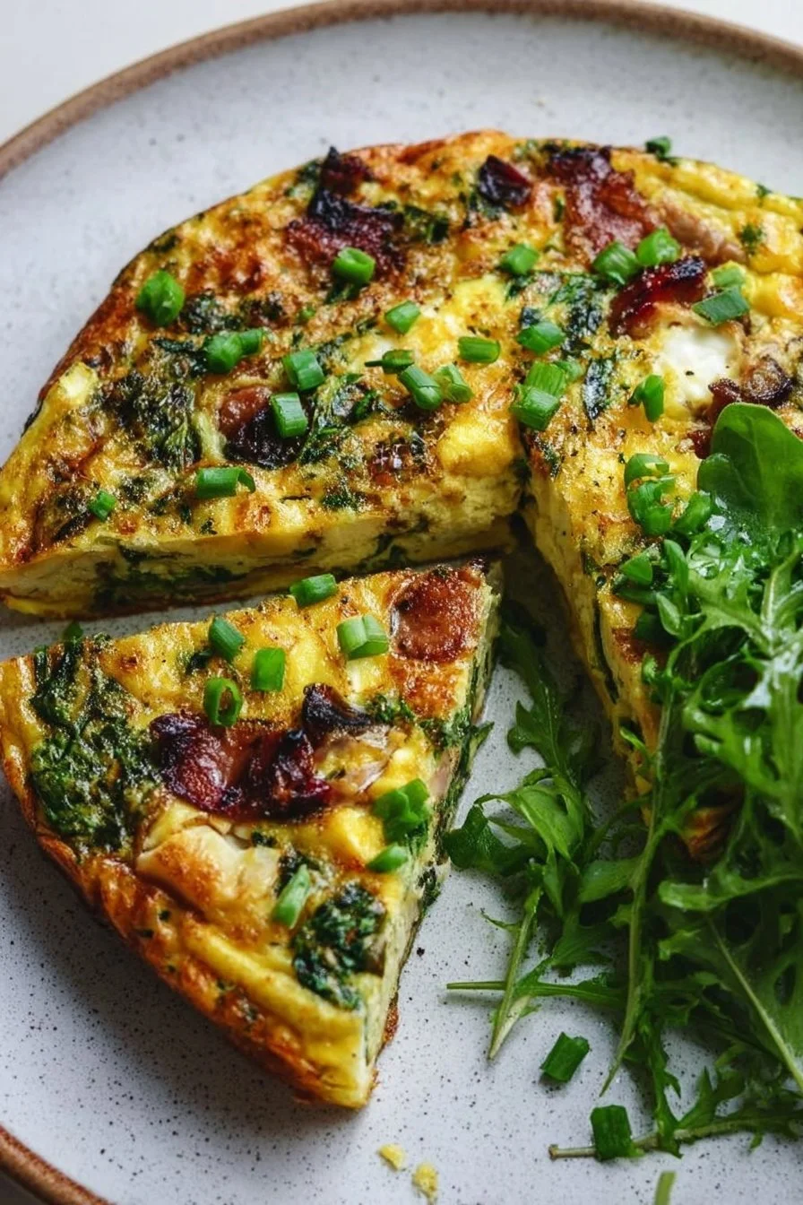 A mouthwatering easy frittata with vegetables and herbs, served on a plate.