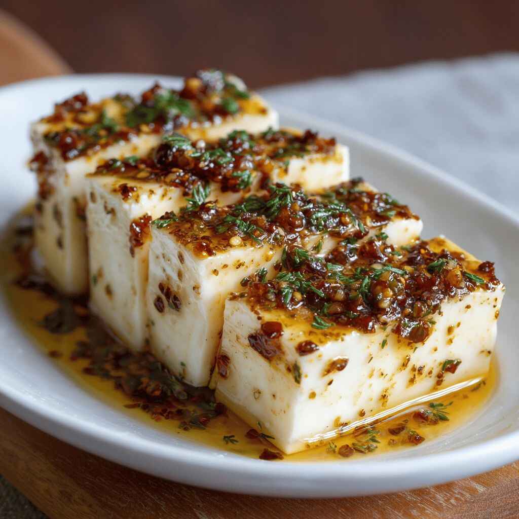 A close-up shot of thick, rectangular slices of white cheese arranged in a row on a white platter.