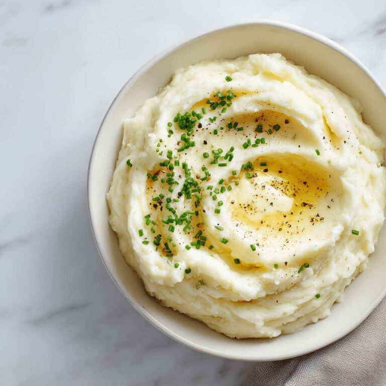 Overhead close-up of fluffy mashed potatoes in a white bowl with melted butter pools, chopped chives, and cracked black pepper