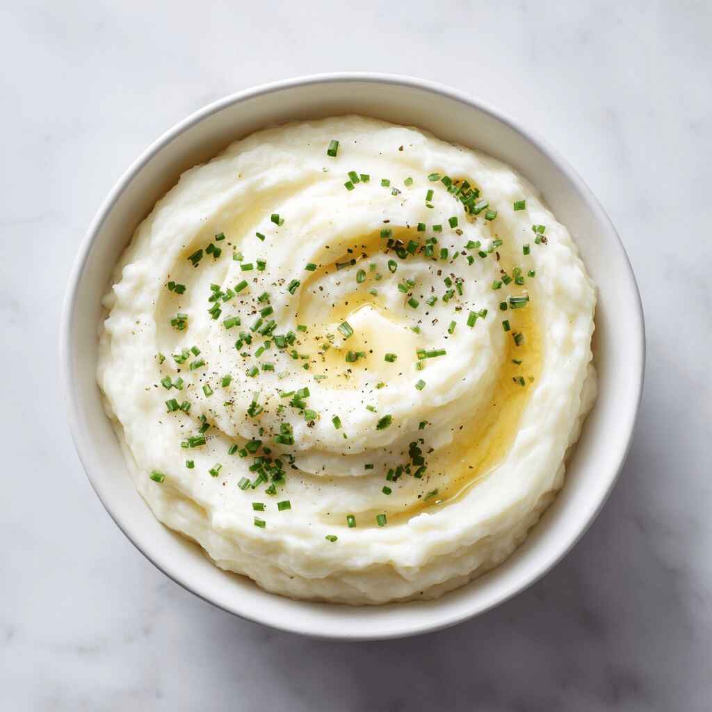 Close-up of creamy mashed potatoes in a white bowl on white marble, topped with melting butter, chives, and cracked black pepper.