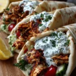 Mediterranean chicken gyros with creamy feta tzatziki sauce served on a plate