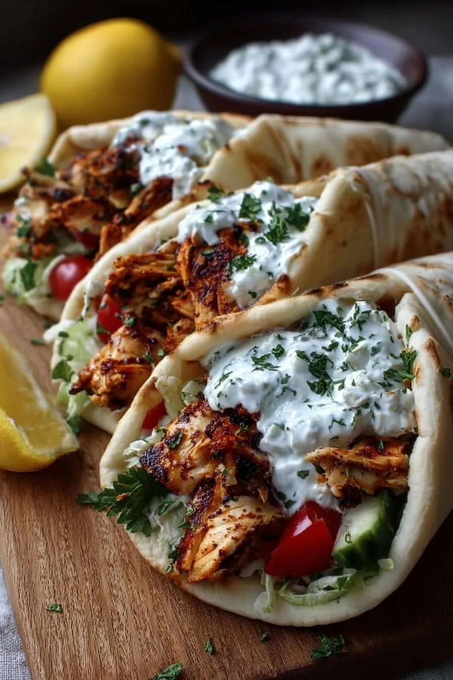 Mediterranean chicken gyros with creamy feta tzatziki sauce served on a plate