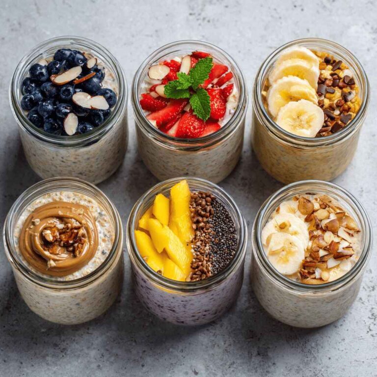 Six mason jars of overnight oats on a gray surface, each topped differently