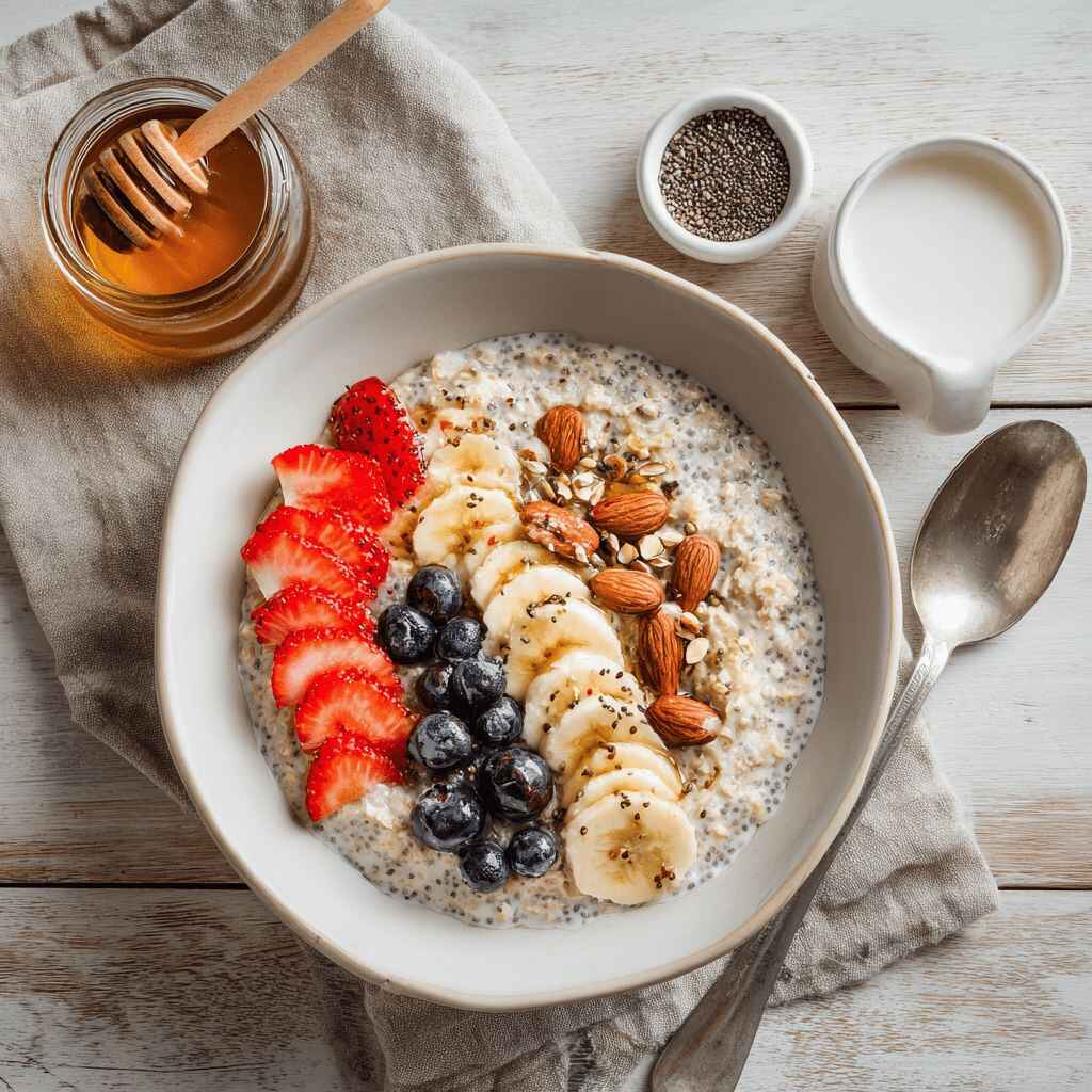 Overhead photo of a creamy overnight oats bowl topped with strawberries, blueberries, banana slices, chopped almonds, cinnamon, and a honey drizzle on a rustic wood table.