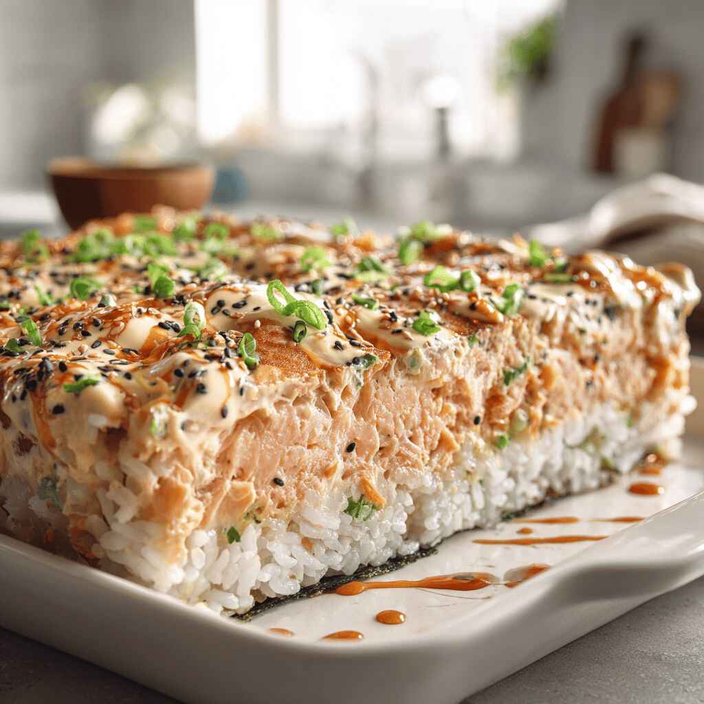 Overhead close-up of a freshly baked salmon sushi bake with creamy flaked salmon, furikake, scallions, and sesame over seasoned sushi rice in a white ceramic dish.
