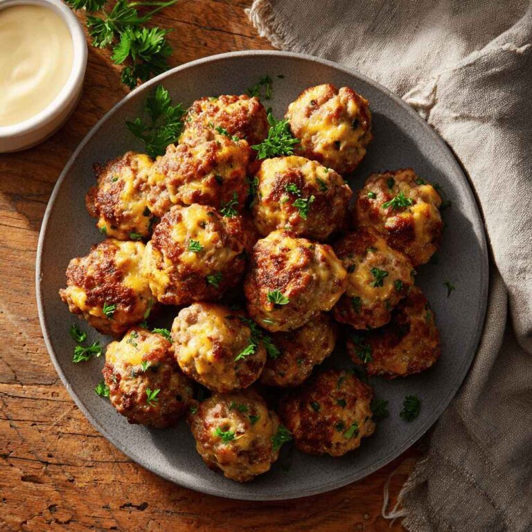 Top-down view of a gray plate piled with golden-brown sausage balls, garnished with chopped parsley, with a ramekin of dipping sauce nearby on a wooden table.