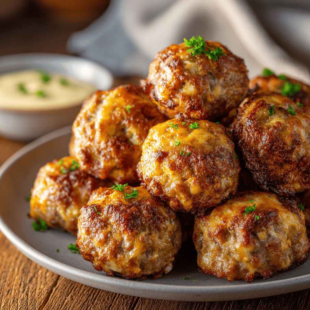 Golden-brown sausage balls stacked on a gray plate, garnished with parsley, with a small bowl of dipping sauce in the background.