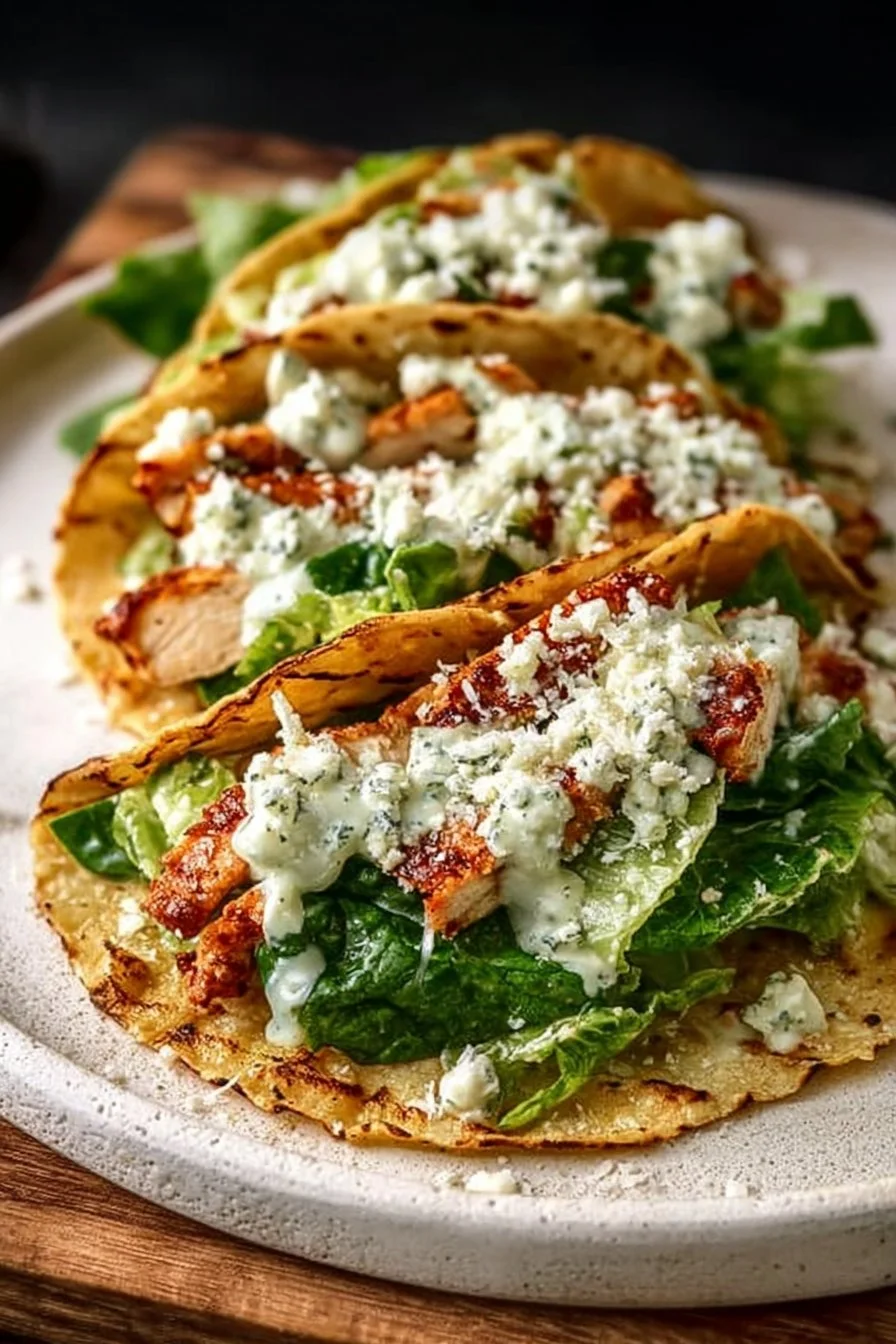 Smash Chicken Caesar Tacos with chicken, lettuce, and Caesar dressing on a plate