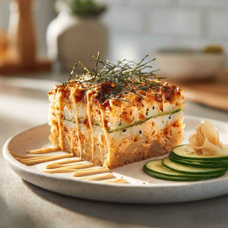 Side view of a plated slice of salmon sushi bake showing layered sushi rice, creamy salmon, and cucumber, topped with shredded nori and drizzled spicy mayo, with cucumber slices and pickled ginger on the side.