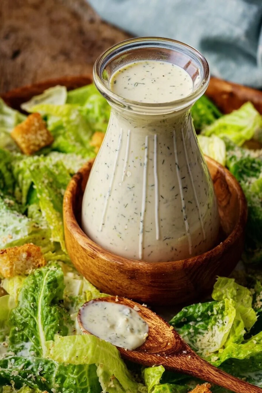 A bowl of high protein Caesar dressing with fresh ingredients and a green salad