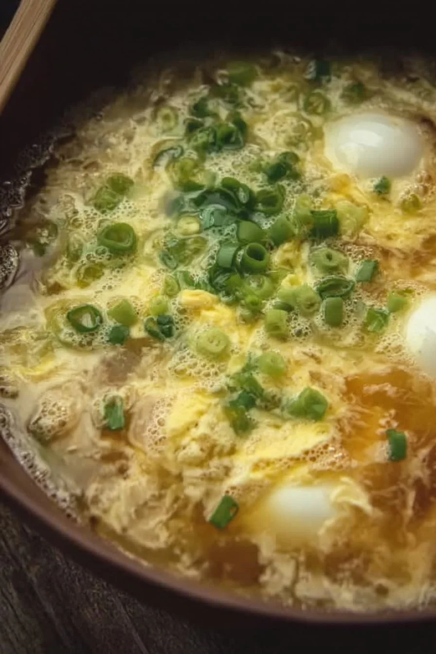 Bowl of quick 5 minute egg drop soup garnished with green onions