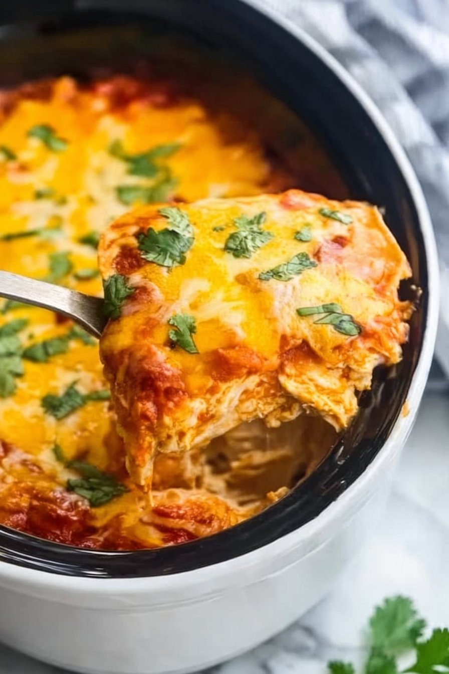 This cheesy slow cooker chicken enchilada casserole layers tender shredded chicken.