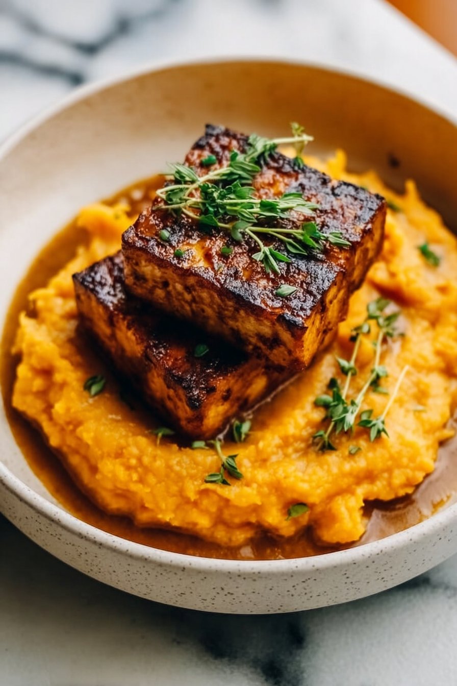Smoky Tofu Steak with Creamy Mashed Sweet Potatoes