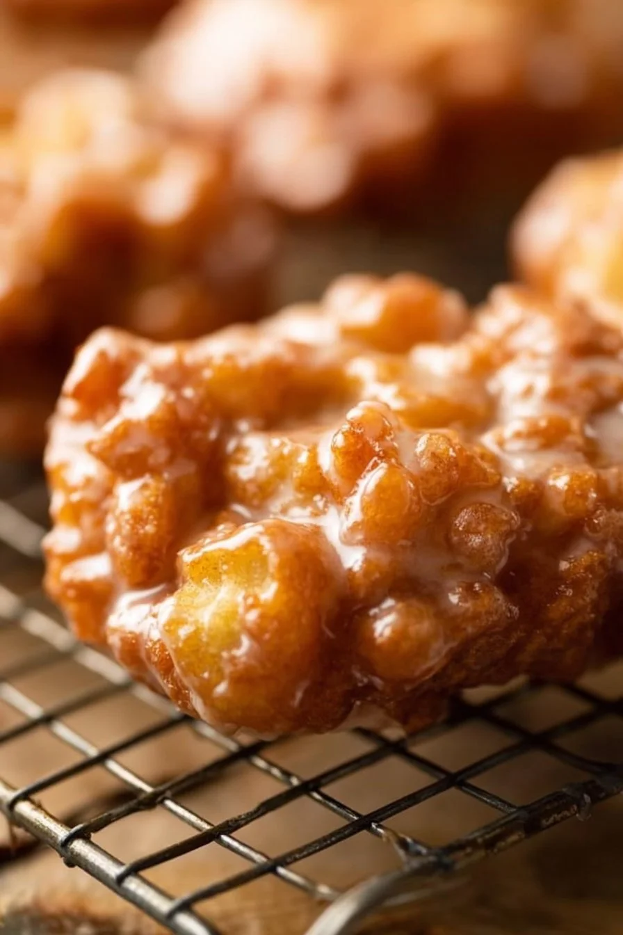 Freshly made apple fritters with a golden-brown exterior and apple chunks