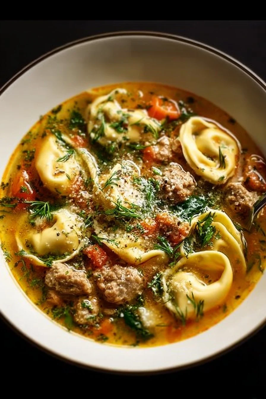 Bowl of autumn tortellini soup with sausage garnished with parsley on a wooden table