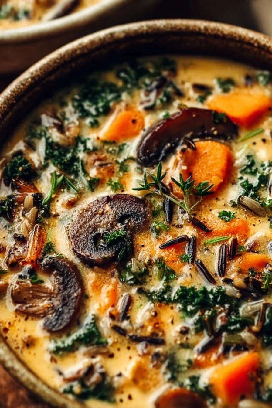 Bowl of Autumn Wild Rice Soup garnished with herbs, representing fall comfort food.
