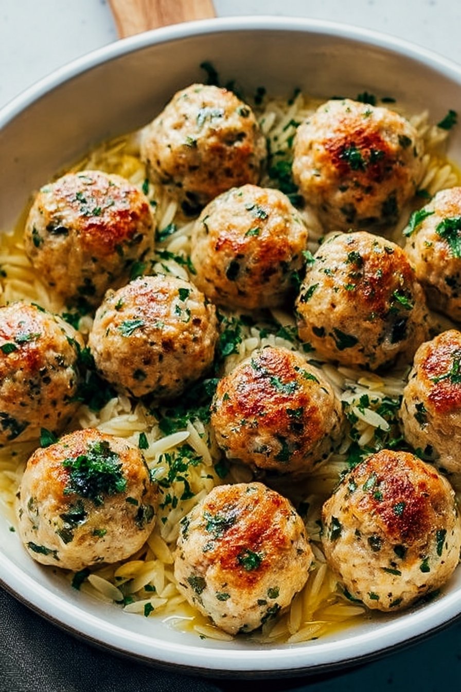 Greek Chicken Meatballs with Lemon Orzo