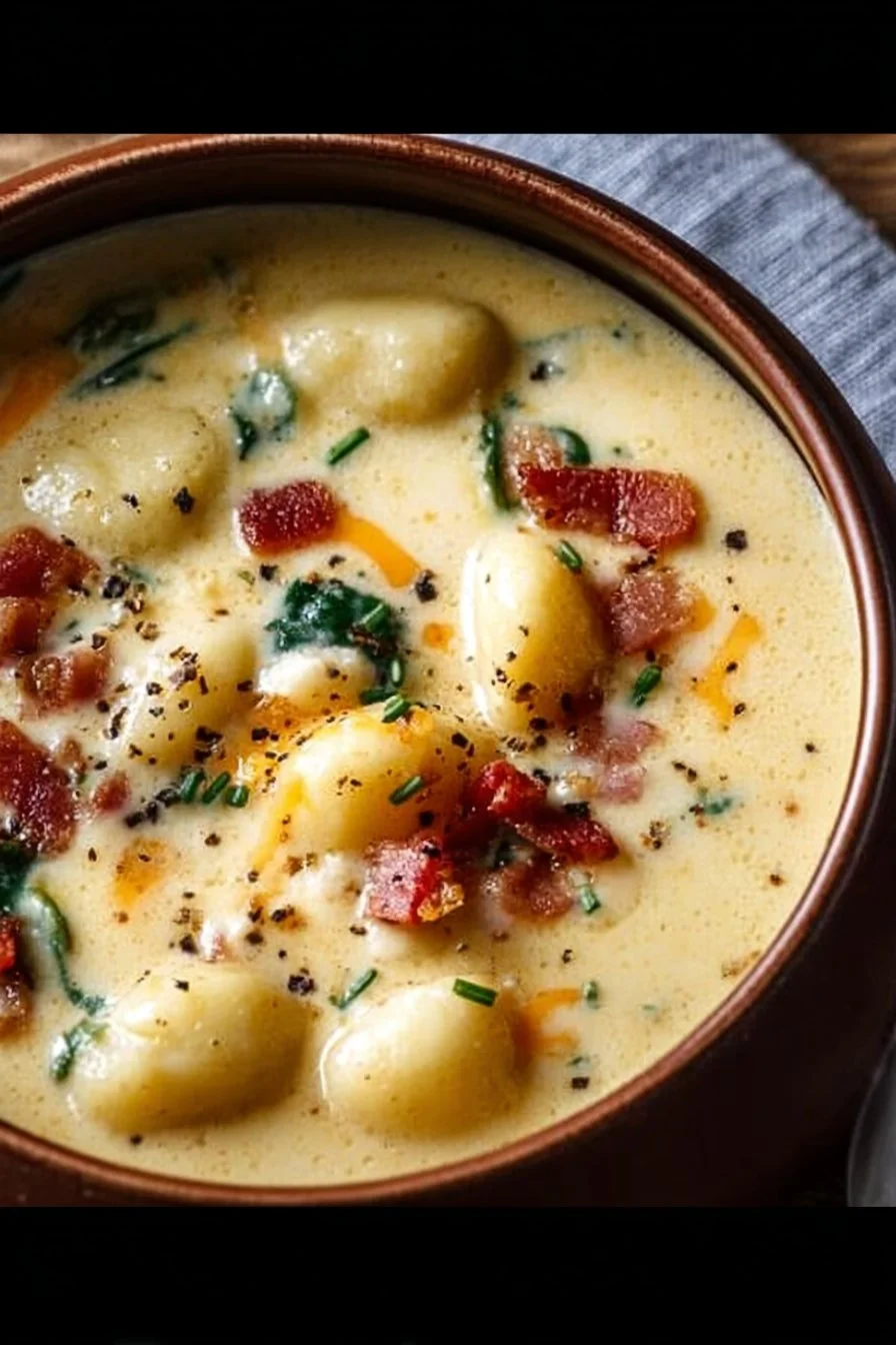 Bowl of creamy Bacon Cheddar Gnocchi Soup with crispy bacon and cheddar cheese.