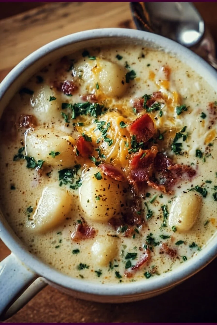 Bacon Cheddar Gnocchi Soup in a bowl with a sprinkle of cheese and herbs
