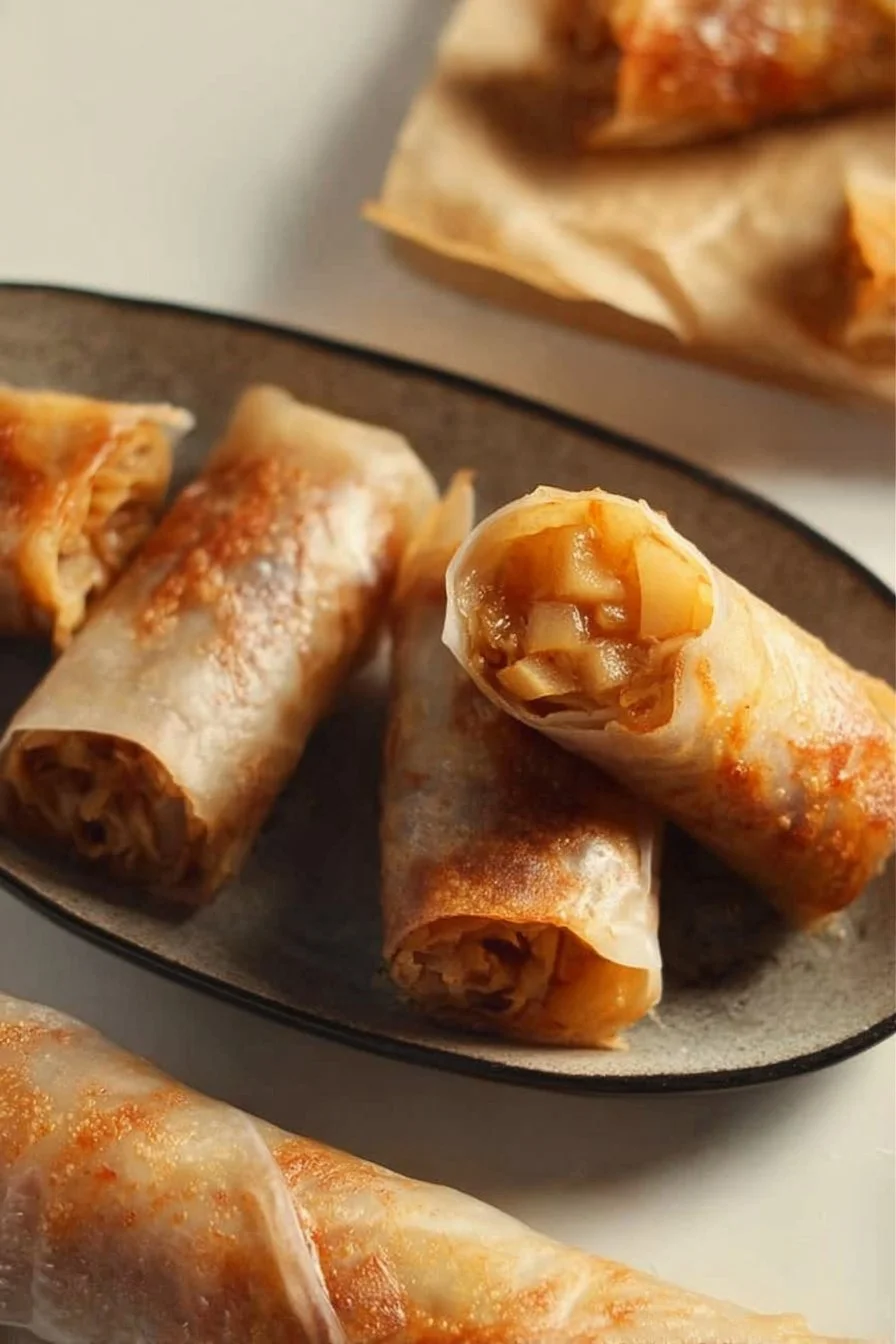 Baked apple pie rice paper rolls served with cinnamon and caramel drizzle on a plate.