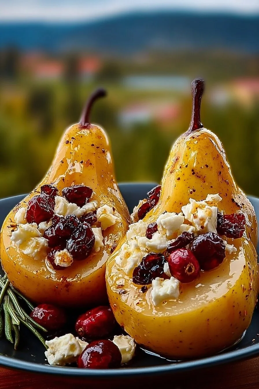 Baked pears topped with feta cheese, honey, and cranberries on a plate