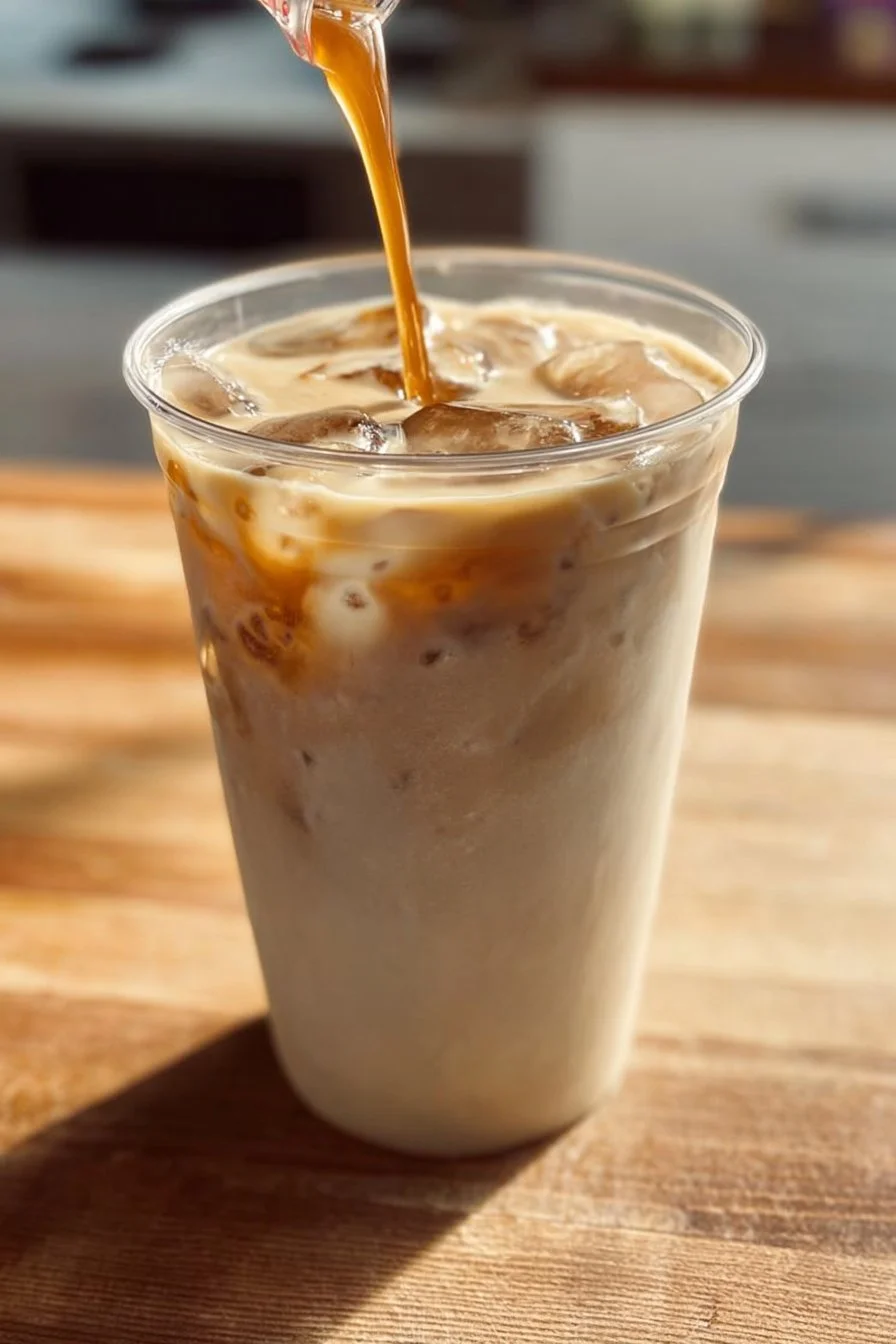 A steaming cup of banana bread latte with a cinnamon sprinkle on top