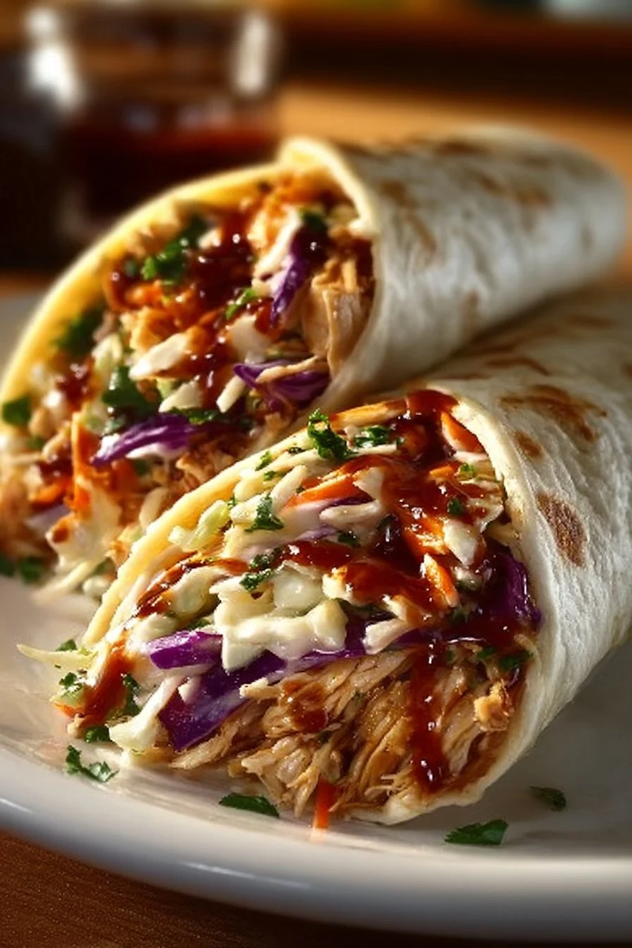 BBQ Chicken Coleslaw Wraps served on a plate with fresh ingredients