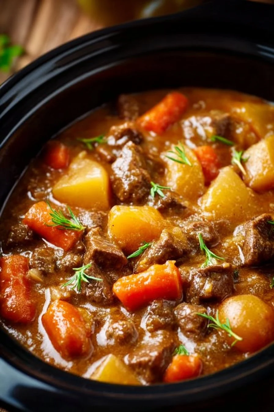 A steaming bowl of traditional beef stew with vegetables and herbs