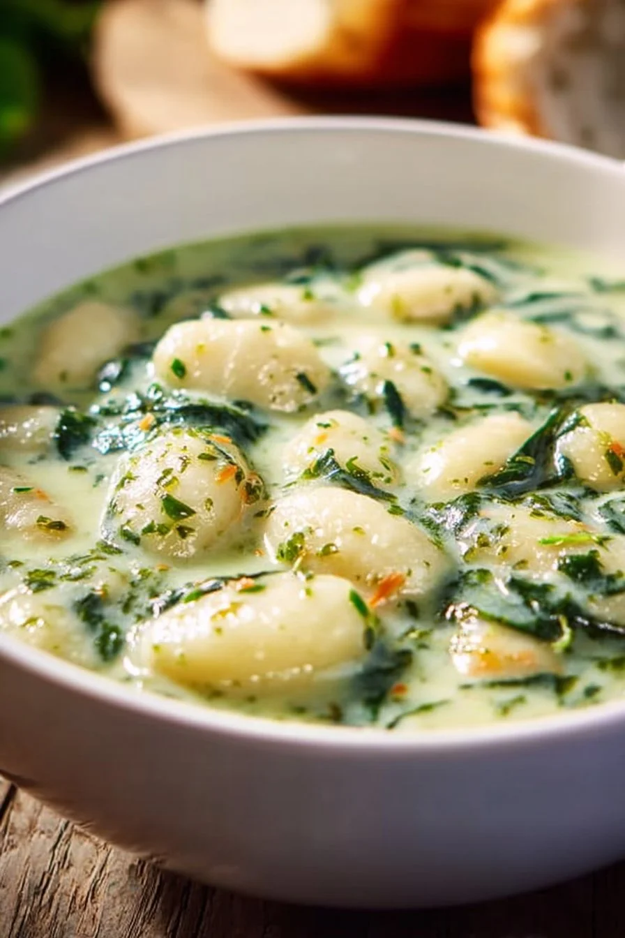 Bowl of creamy chicken gnocchi soup with herbs and bread.