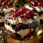 Decadent Black Forest Trifle layered with chocolate, cherries, and whipped cream for Christmas.