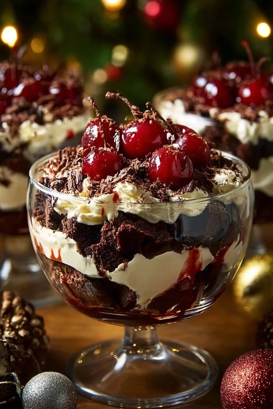 Decadent Black Forest Trifle layered with chocolate, cherries, and whipped cream for Christmas.