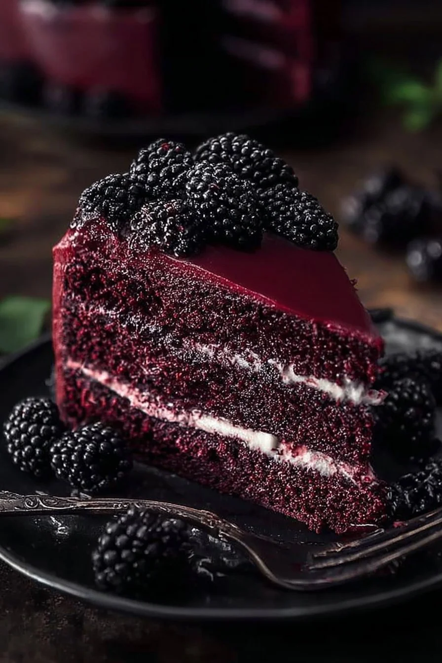 Sliced Blackberry Velvet Gothic Cake with dark velvet texture and fresh blackberries