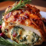 Brie-Stuffed Chicken with herbs and vegetables on a plate.