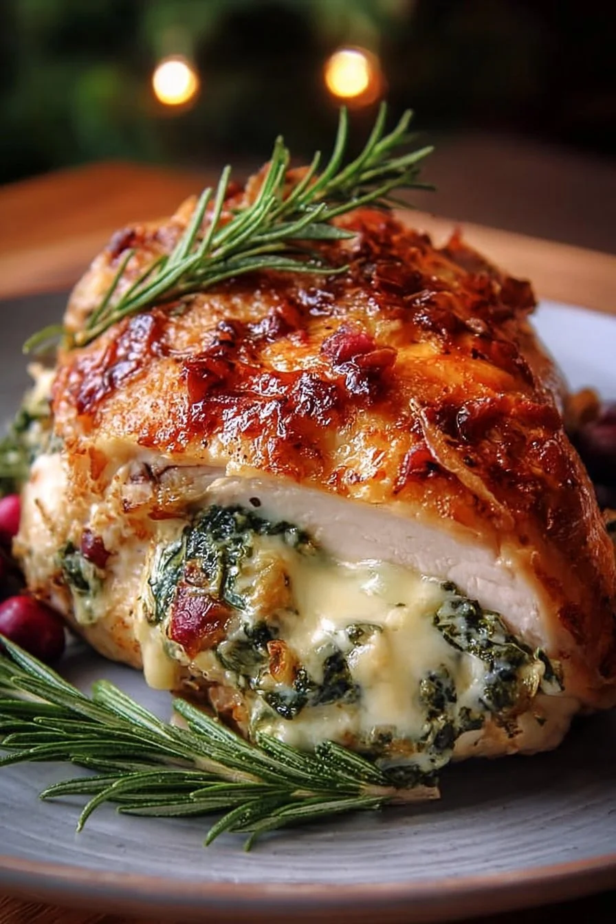 Brie-Stuffed Chicken with herbs and vegetables on a plate.